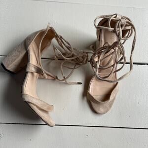 Chase + Chloe Heels Womens 7.5 Tan Faux Suede Tawny Lace-Up Open Toe Shoes